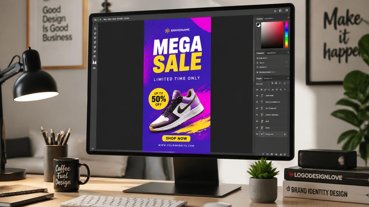 Designer working on a vertical 9:16 advertising creative on a monitor