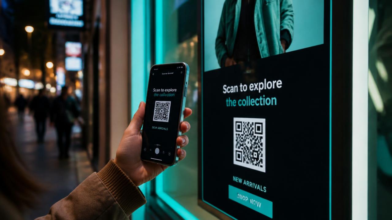 Person scanning a QR code displayed on a digital storefront screen
