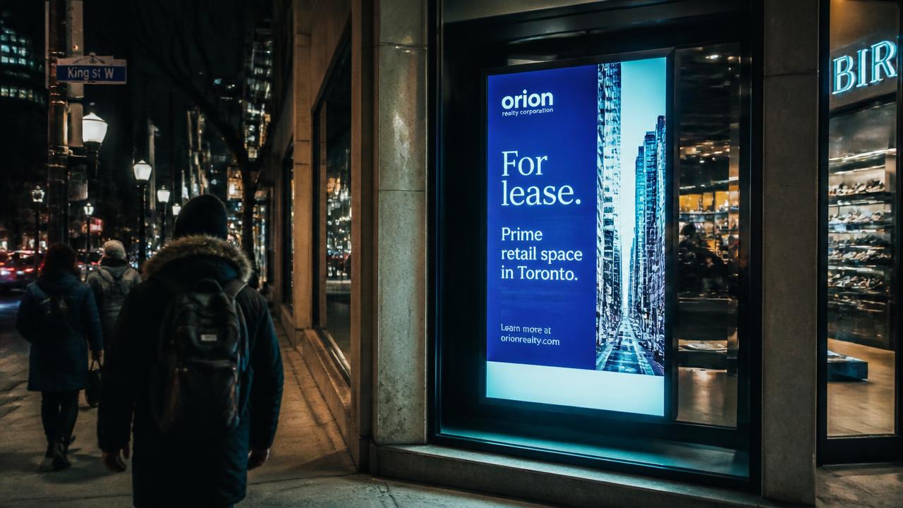 Digital advertising screen glowing in a Toronto storefront window at night
